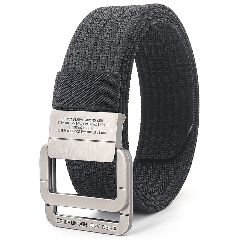 Cintura unisex in tela a righe – Cinturino casual con fibbia in metallo a doppio anello