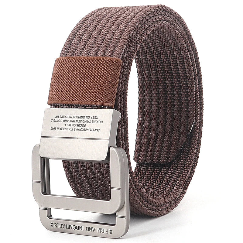 Cintura unisex in tela a righe – Cinturino casual con fibbia in metallo a doppio anello