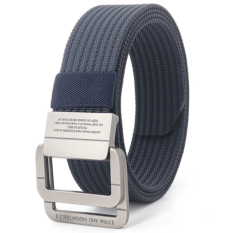 Cintura unisex in tela a righe – Cinturino casual con fibbia in metallo a doppio anello