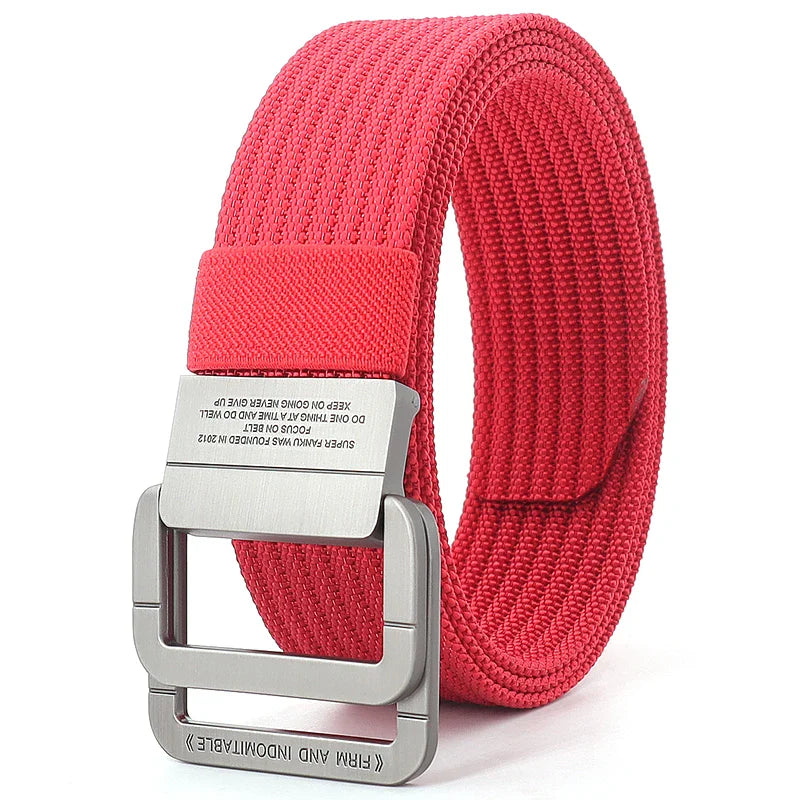 Cintura unisex in tela a righe – Cinturino casual con fibbia in metallo a doppio anello