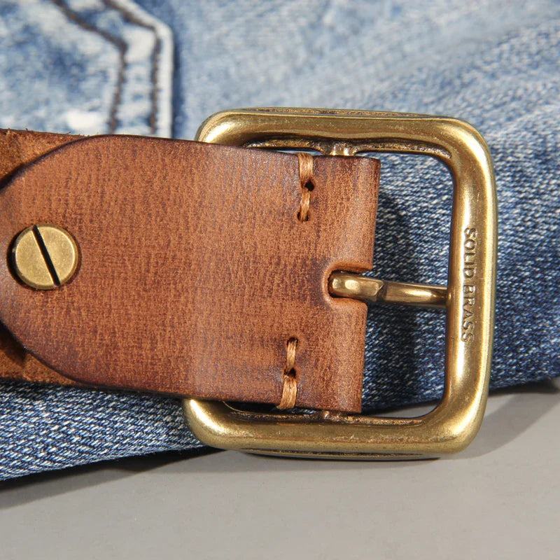 Cintura uomo in pelle di vacchetta autentica – Cintura artigianale con fibbia in ottone massiccio per jeans e pantaloni