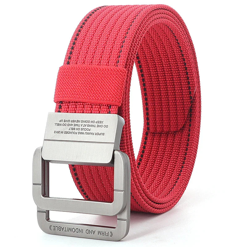 Cintura unisex in tela a righe – Cinturino casual con fibbia in metallo a doppio anello