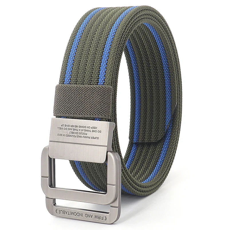 Cintura unisex in tela a righe – Cinturino casual con fibbia in metallo a doppio anello