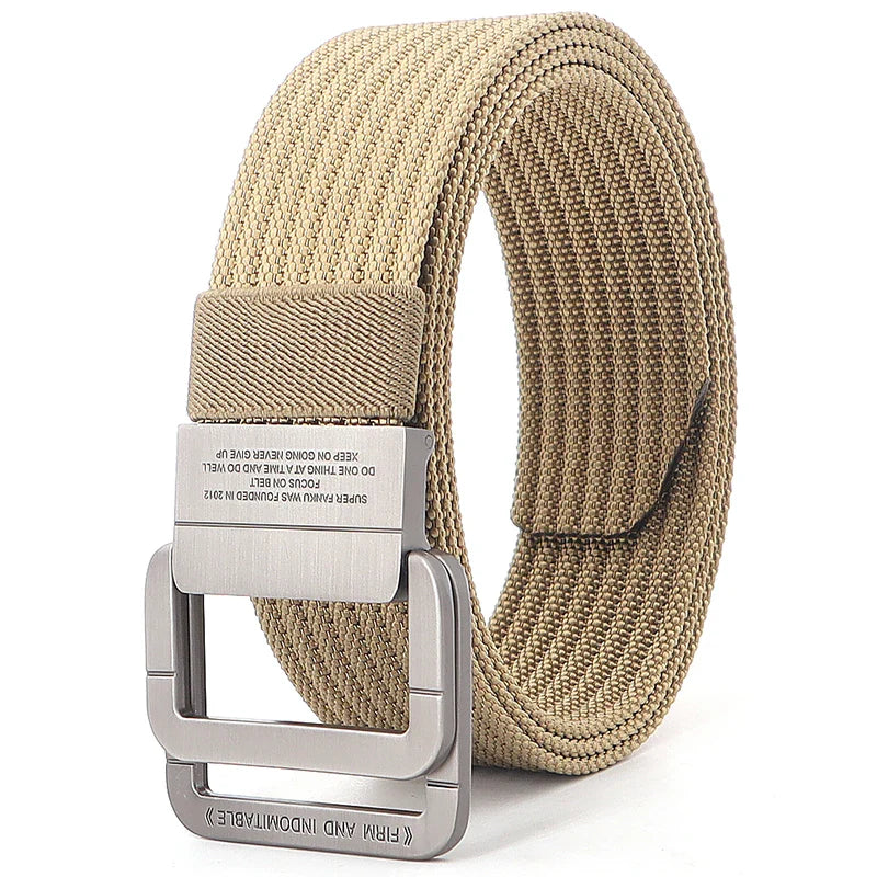 Cintura unisex in tela a righe – Cinturino casual con fibbia in metallo a doppio anello