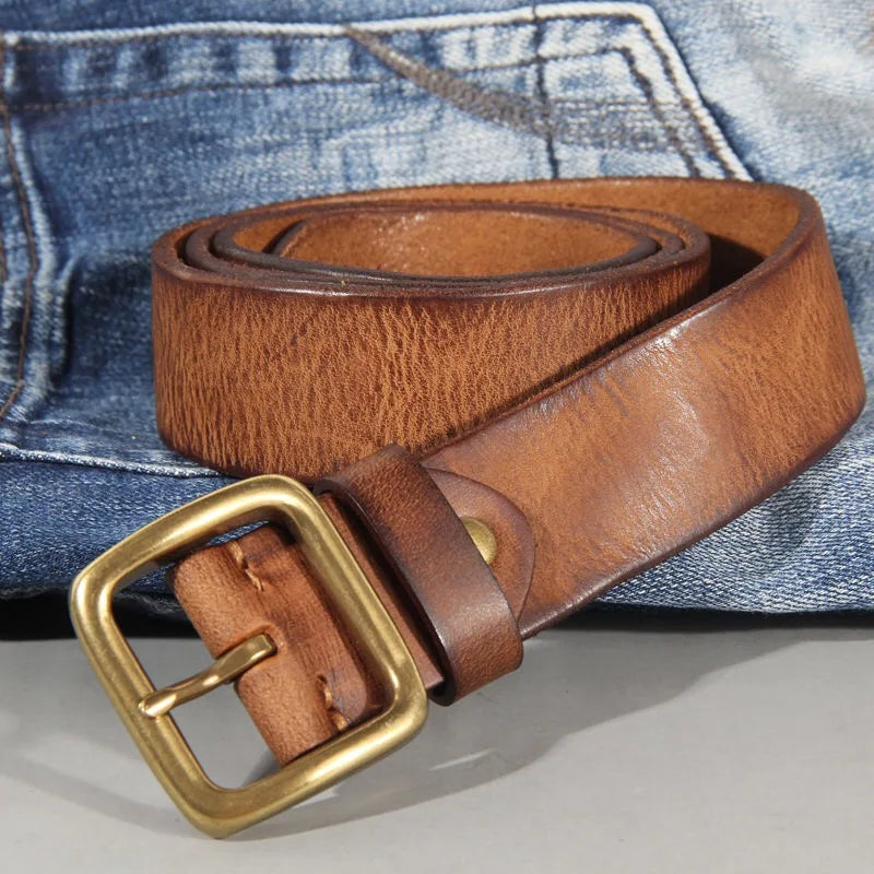 Cintura uomo in pelle di vacchetta autentica – Cintura artigianale con fibbia in ottone massiccio per jeans e pantaloni