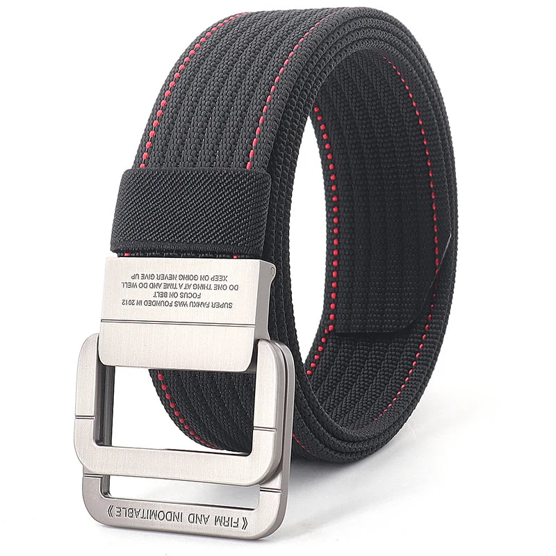 Cintura unisex in tela a righe – Cinturino casual con fibbia in metallo a doppio anello