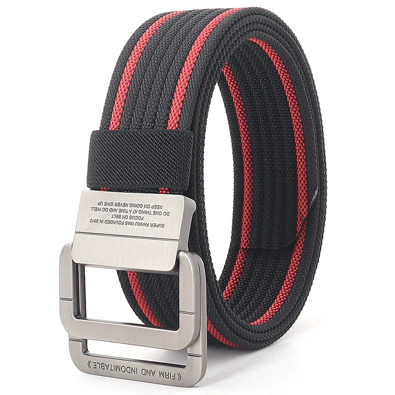 Cintura unisex in tela a righe – Cinturino casual con fibbia in metallo a doppio anello