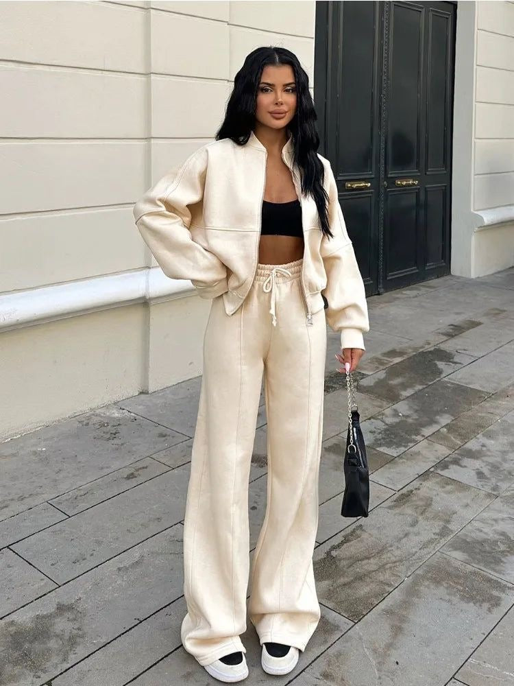 Completo da salotto oversize elegante da donna - felpa con zip e pantaloni a gamba larga