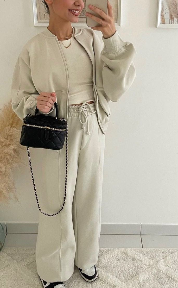 Completo da salotto oversize elegante da donna - felpa con zip e pantaloni a gamba larga