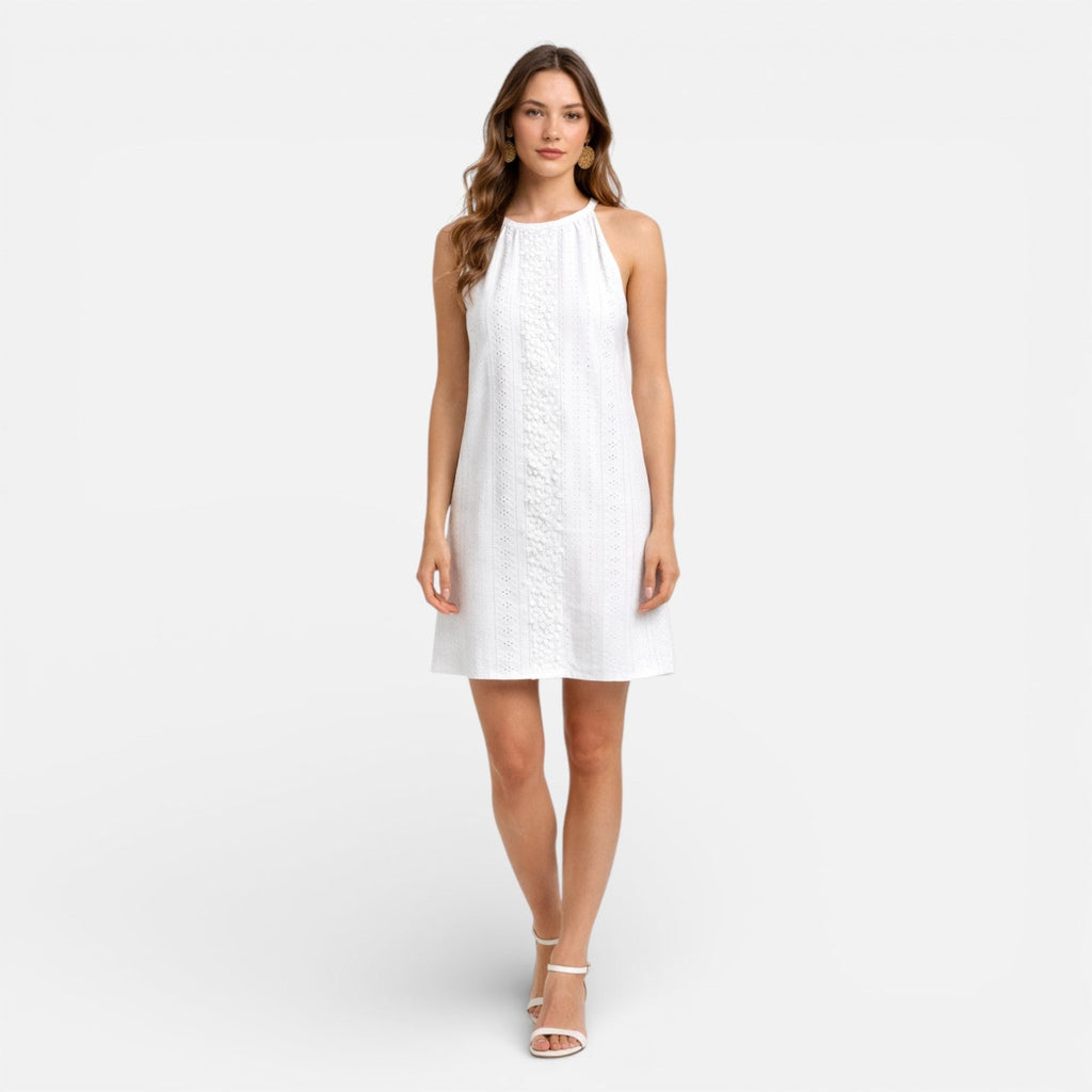 Abito Corto Bianco Donna in Pizzo Sangallo – Stile Estivo Senza Maniche