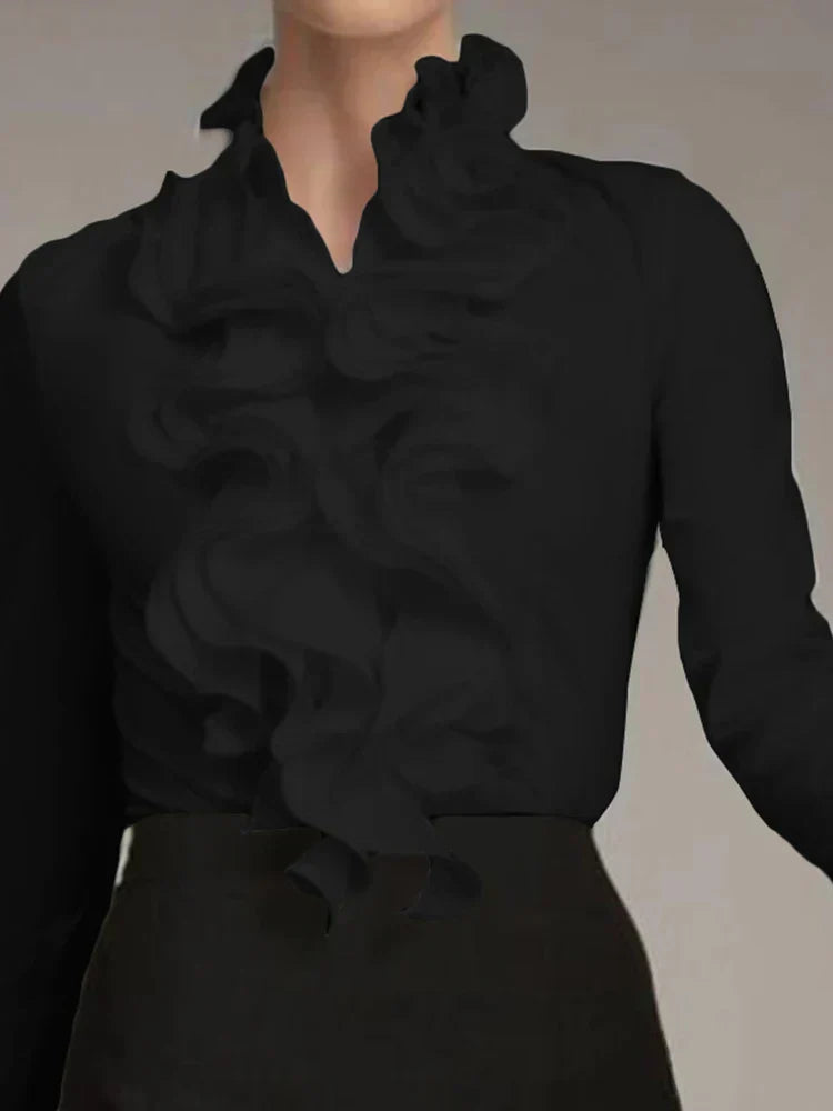 Elegante camicetta da donna a maniche lunghe con volant – Camicia chic e alla moda