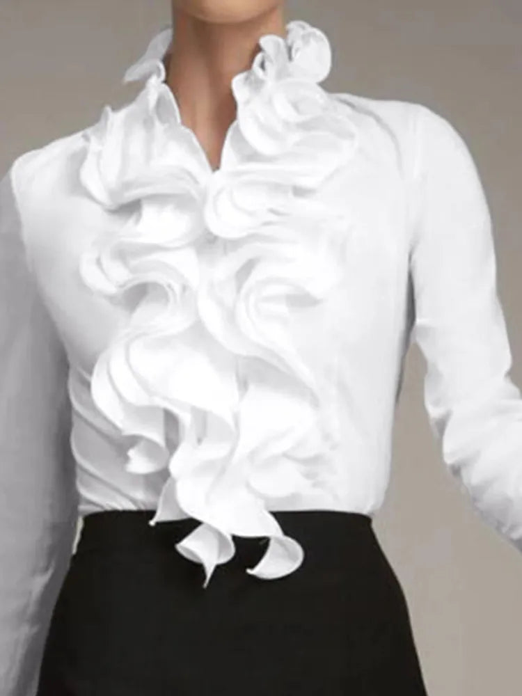 Elegante camicetta da donna a maniche lunghe con volant – Camicia chic e alla moda