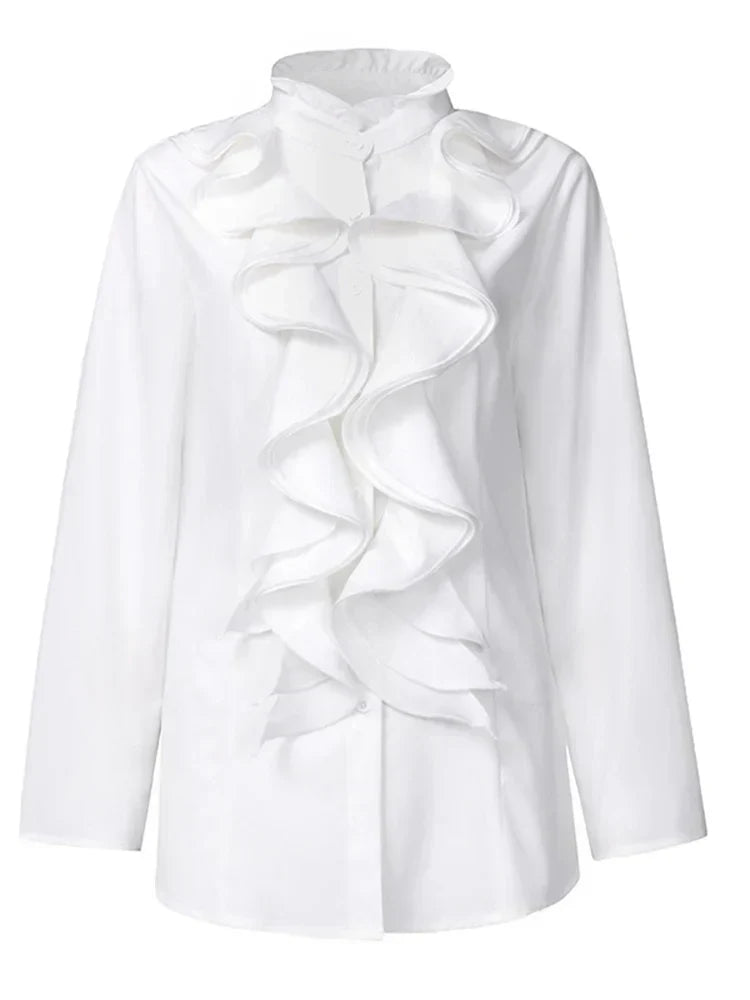 Elegante camicetta da donna a maniche lunghe con volant – Camicia chic e alla moda