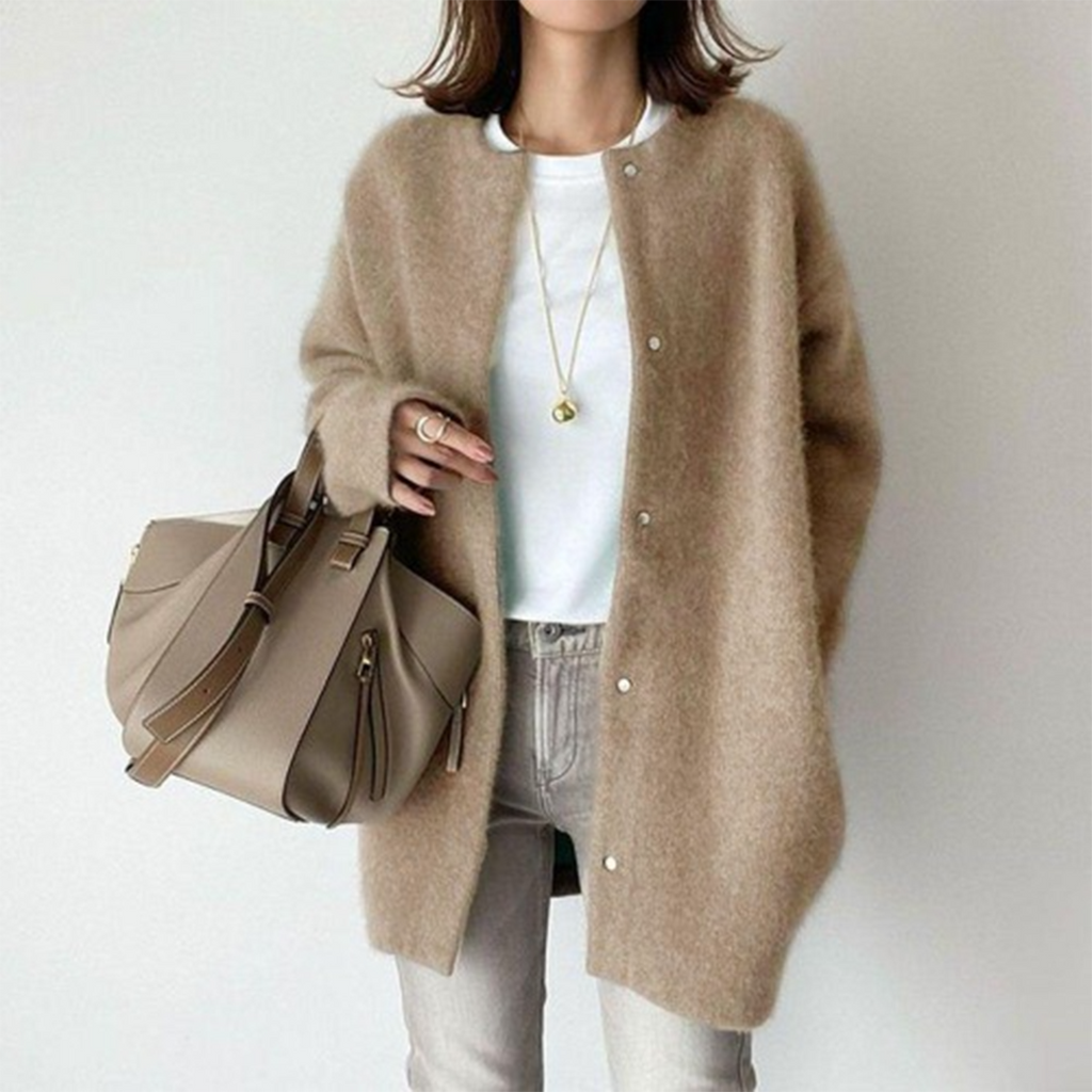 Elegante cardigan lungo con bottoni da donna – Comodo maglione girocollo