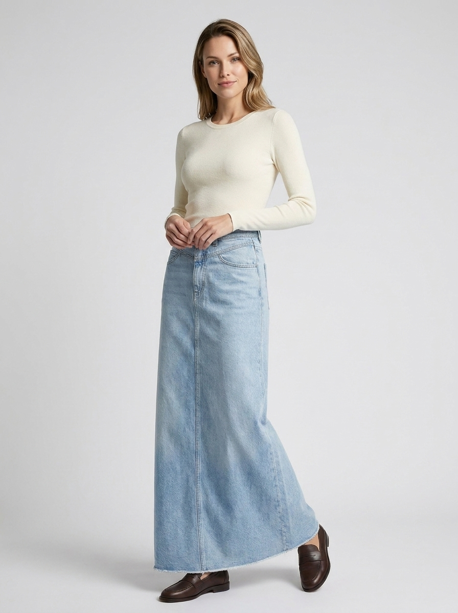 Lang denimnederdel til kvinder - Casual og trendy