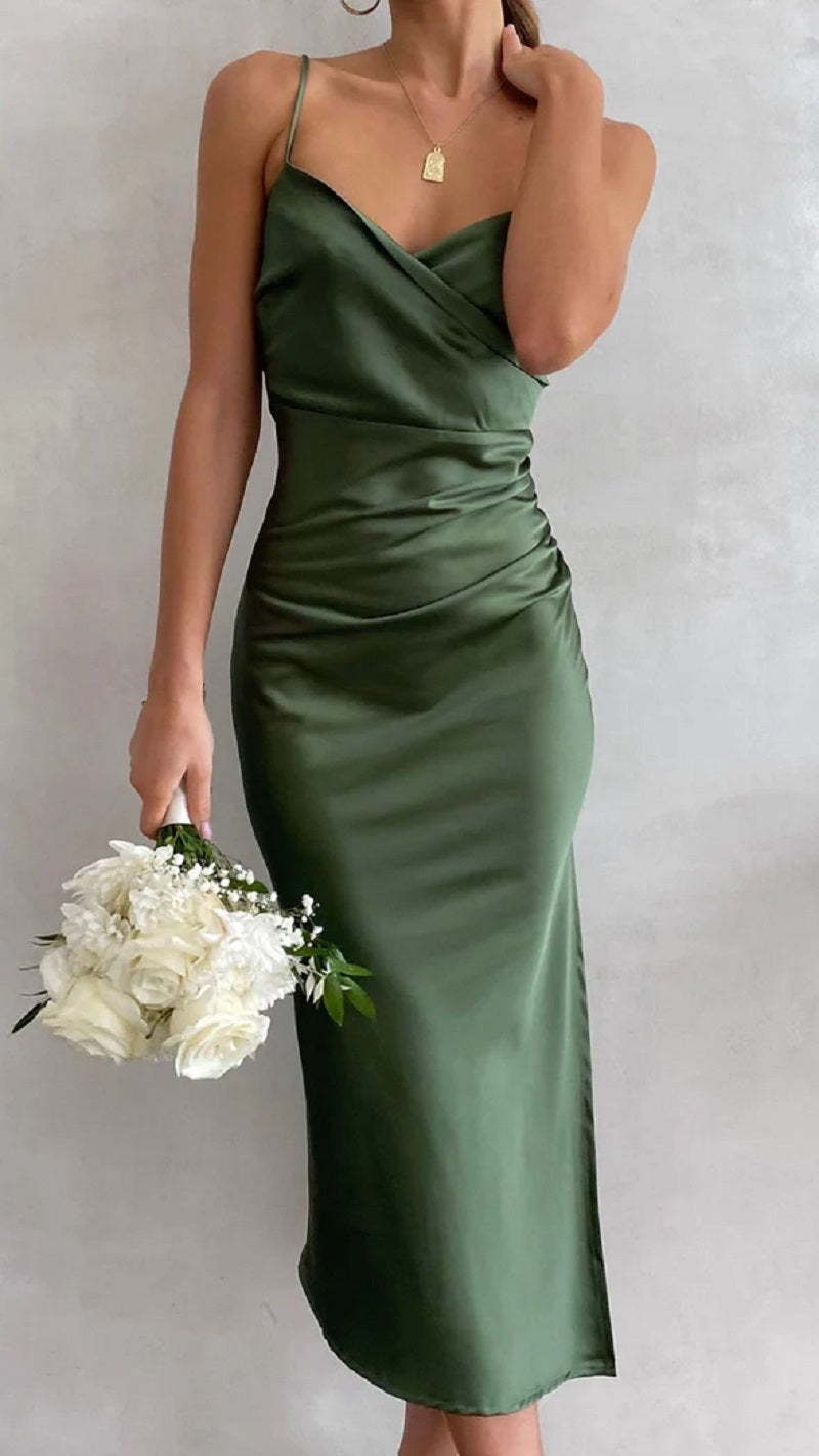 Elegante abito midi in raso senza maniche per donna – Stile da sera/invitata a nozze con spacco