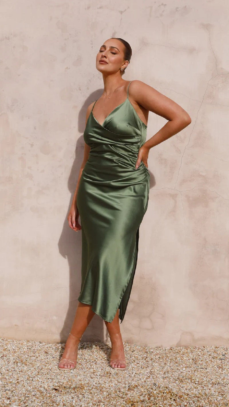 Elegante abito midi in raso senza maniche per donna – Stile da sera/invitata a nozze con spacco