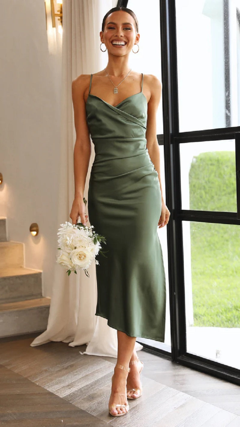 Elegante abito midi in raso senza maniche per donna – Stile da sera/invitata a nozze con spacco