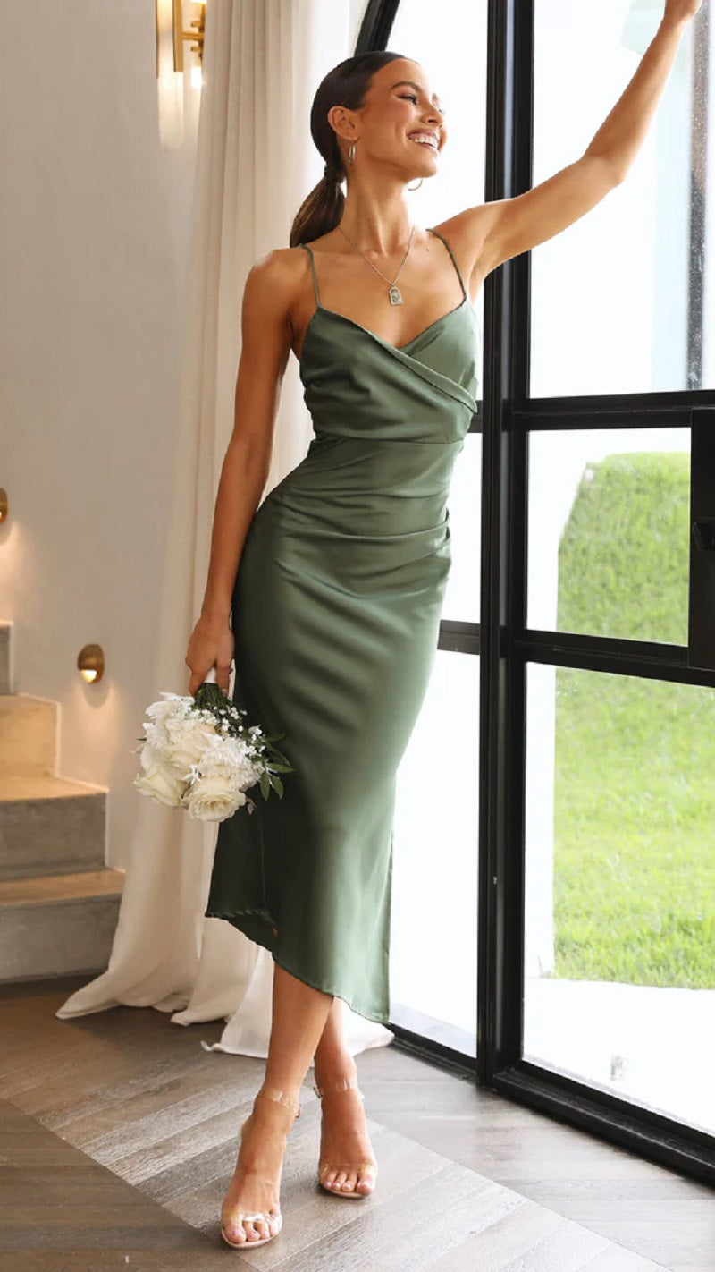 Elegante abito midi in raso senza maniche per donna – Stile da sera/invitata a nozze con spacco
