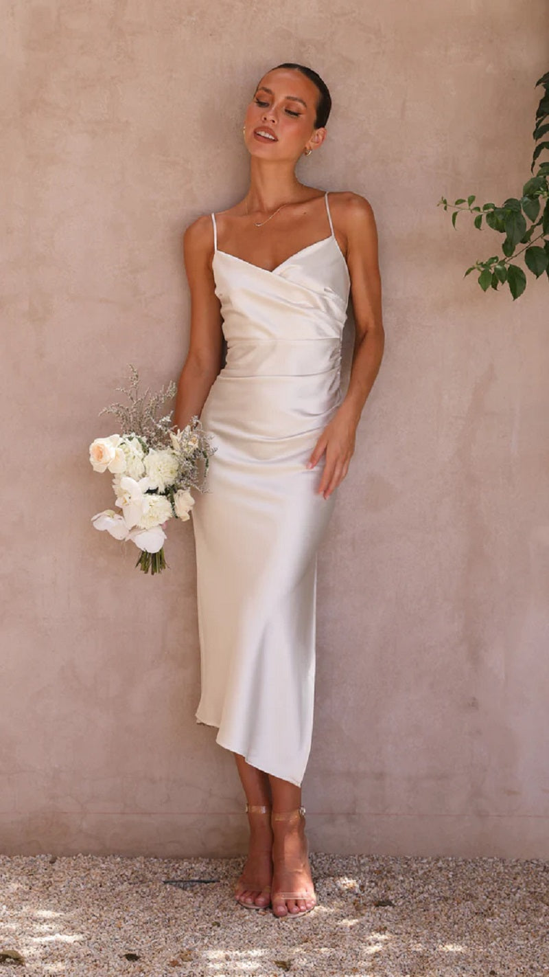 Elegante abito midi in raso senza maniche per donna – Stile da sera/invitata a nozze con spacco