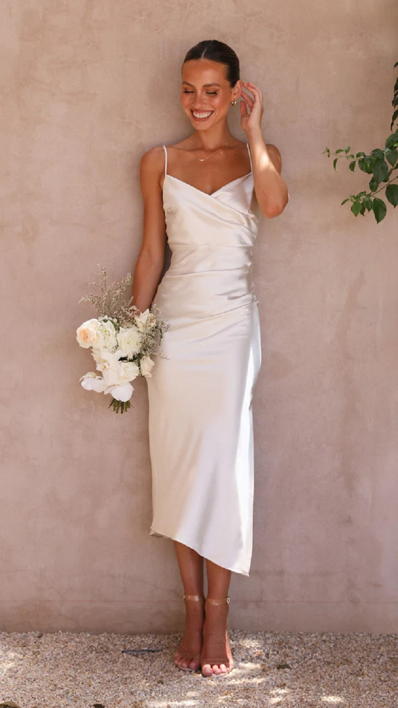 Elegante abito midi in raso senza maniche per donna – Stile da sera/invitata a nozze con spacco