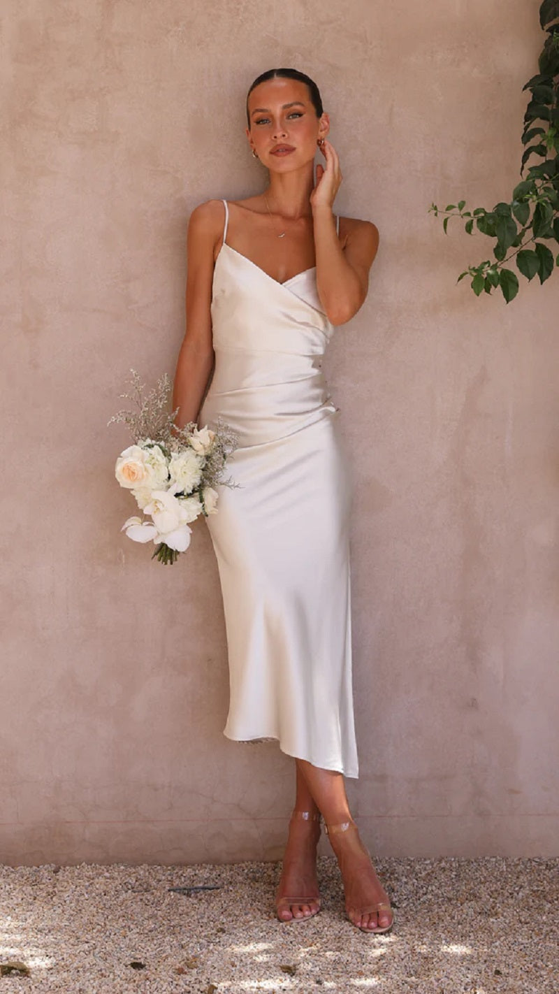 Elegante abito midi in raso senza maniche per donna – Stile da sera/invitata a nozze con spacco