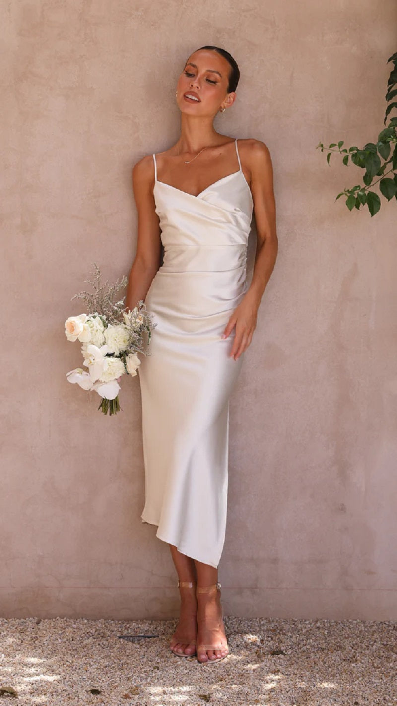 Elegante abito midi in raso senza maniche per donna – Stile da sera/invitata a nozze con spacco