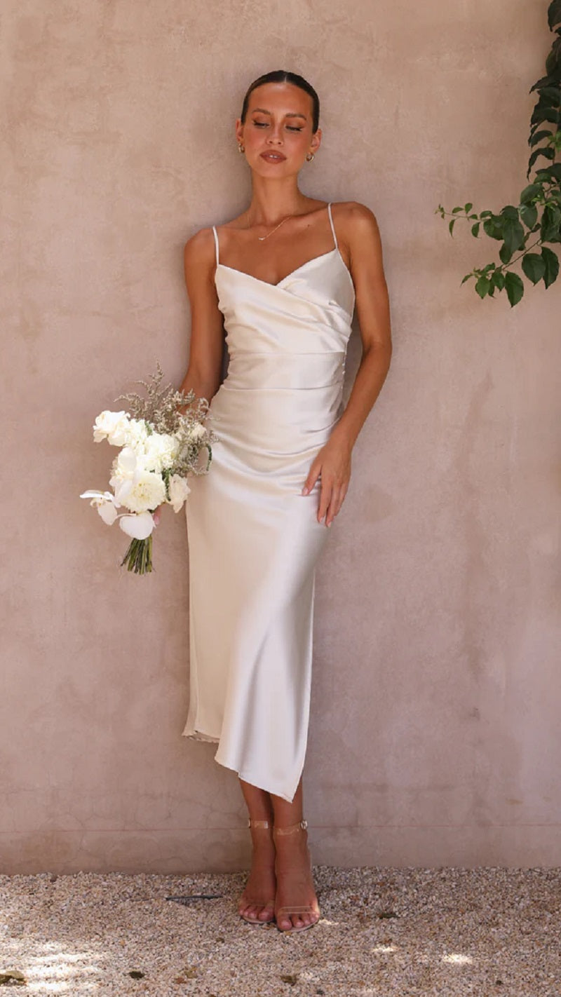 Elegante abito midi in raso senza maniche per donna – Stile da sera/invitata a nozze con spacco
