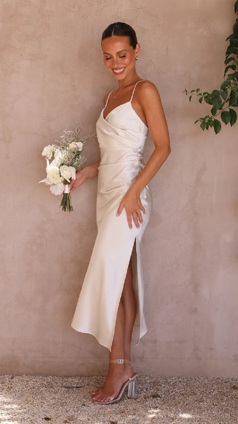 Elegante abito midi in raso senza maniche per donna – Stile da sera/invitata a nozze con spacco
