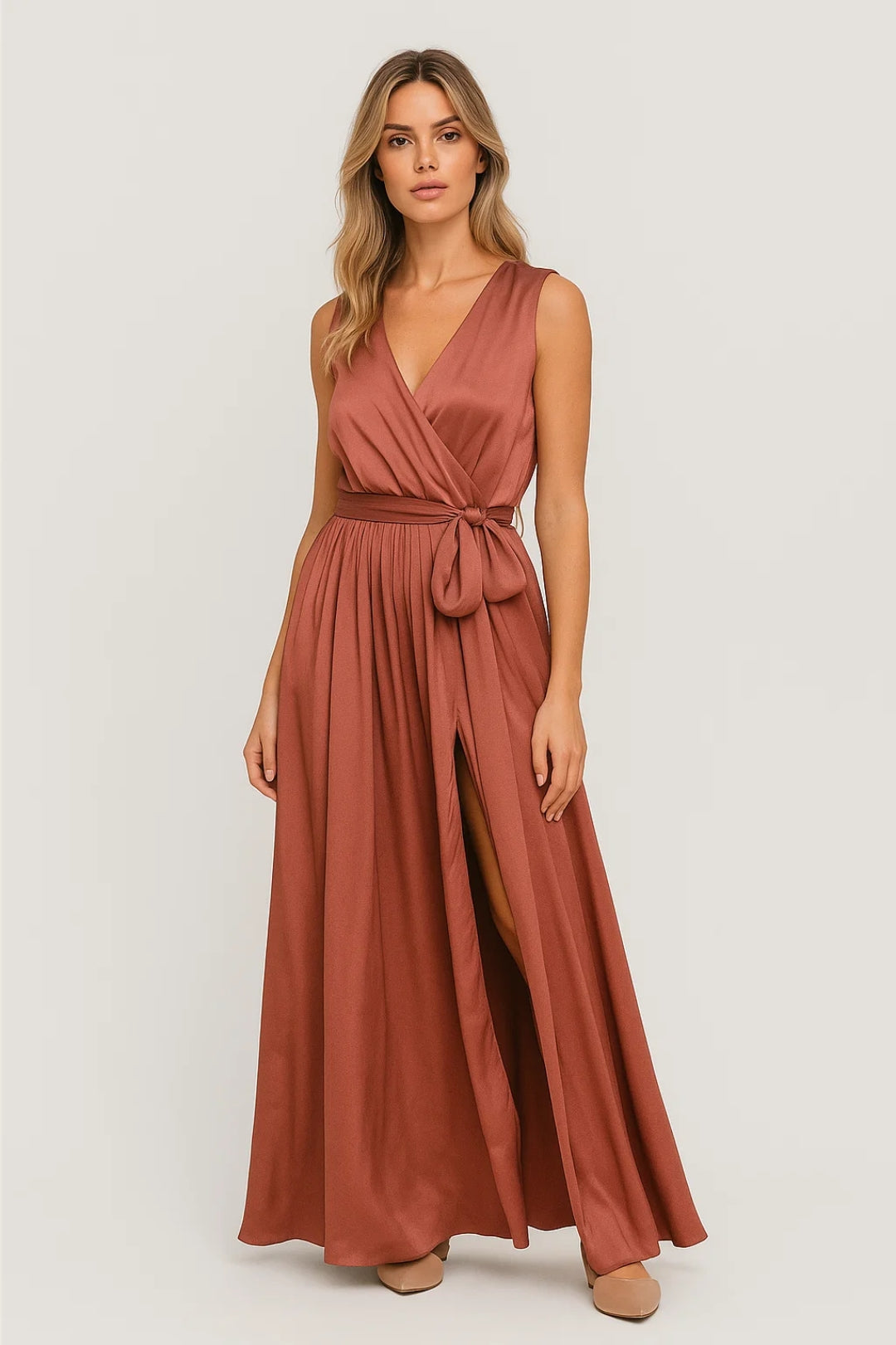 Abito maxi da donna a portafoglio con scollo a V e spacco - Elegante e valorizzante