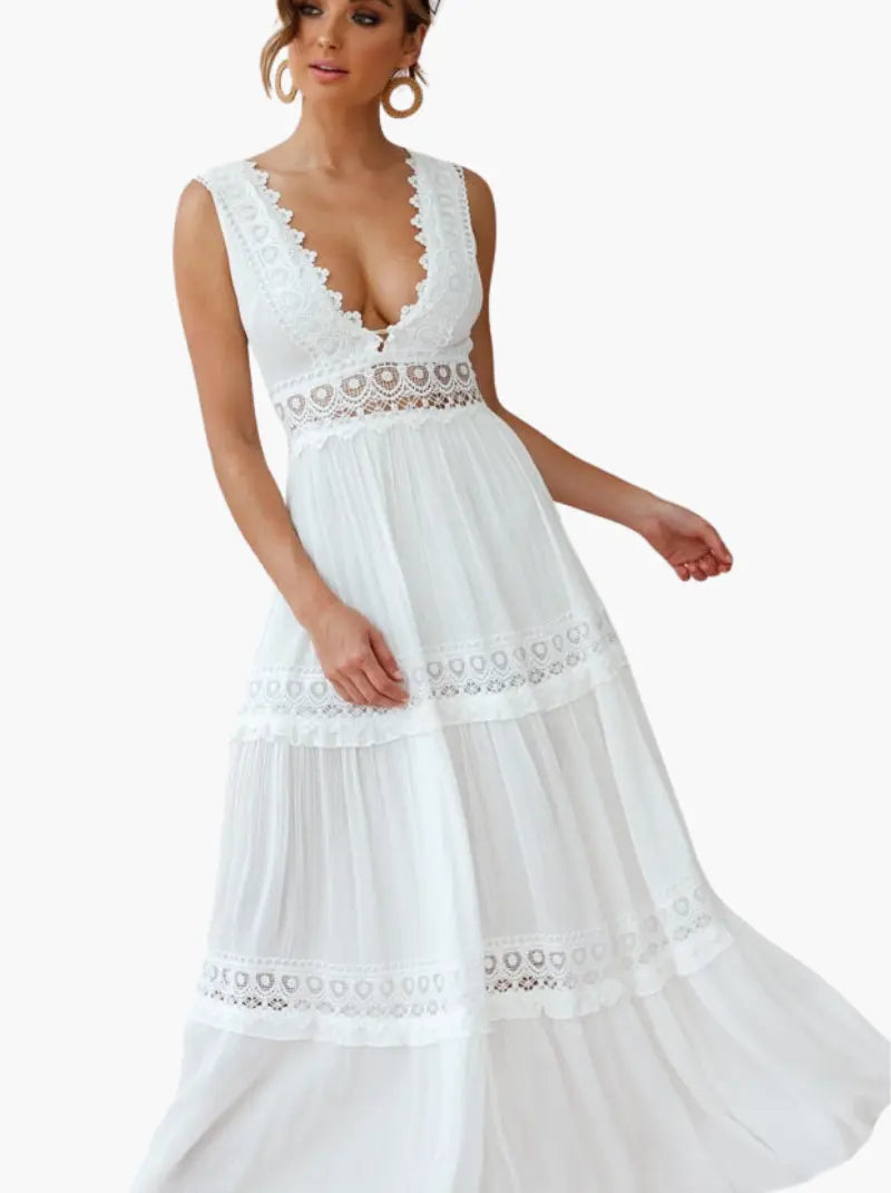 Abito lungo boho bianco da donna con inserti all'uncinetto, scollo a V profondo e vestibilità fluida, perfetto per l'estate