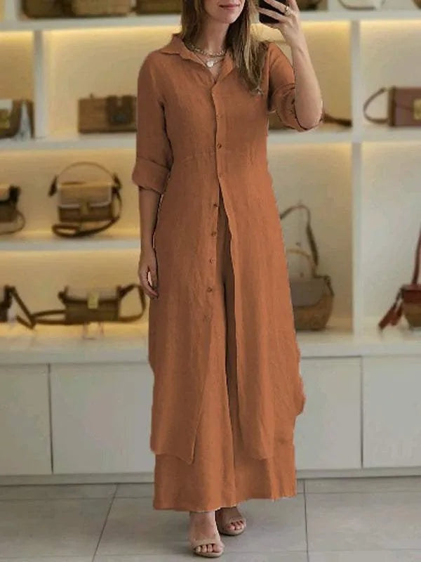 Completo in lino donna con camicia lunga e pantaloni ampi - Leggero ed elegante