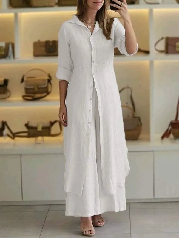 Completo in lino donna con camicia lunga e pantaloni ampi - Leggero ed elegante