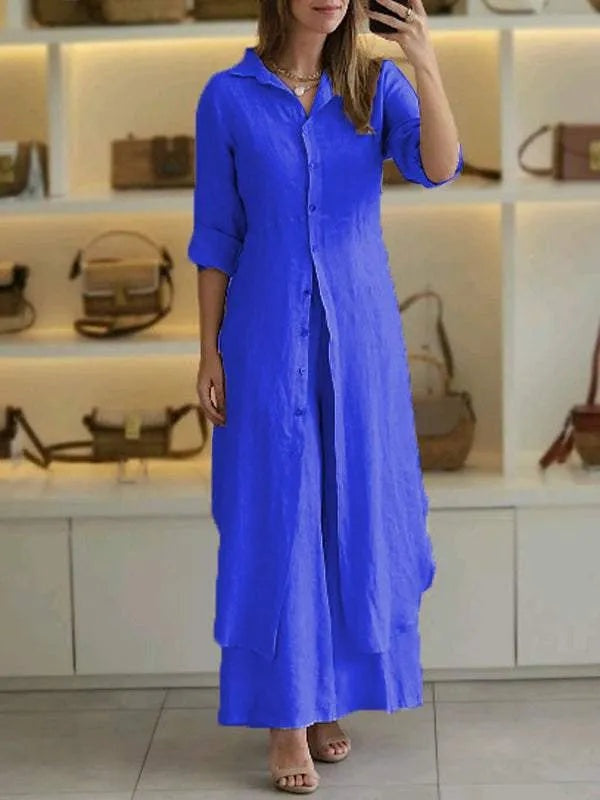 Completo in lino donna con camicia lunga e pantaloni ampi - Leggero ed elegante