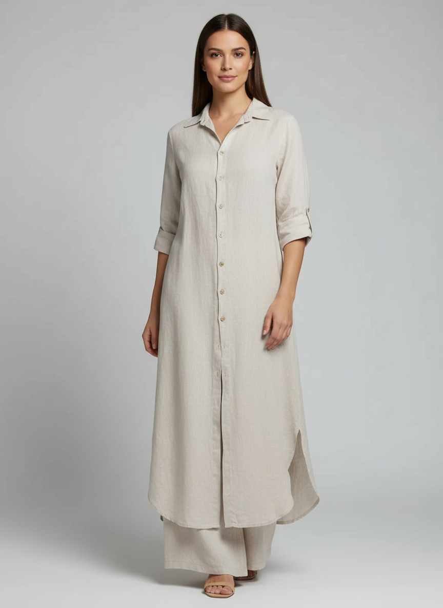 Completo in lino donna con camicia lunga e pantaloni ampi - Leggero ed elegante