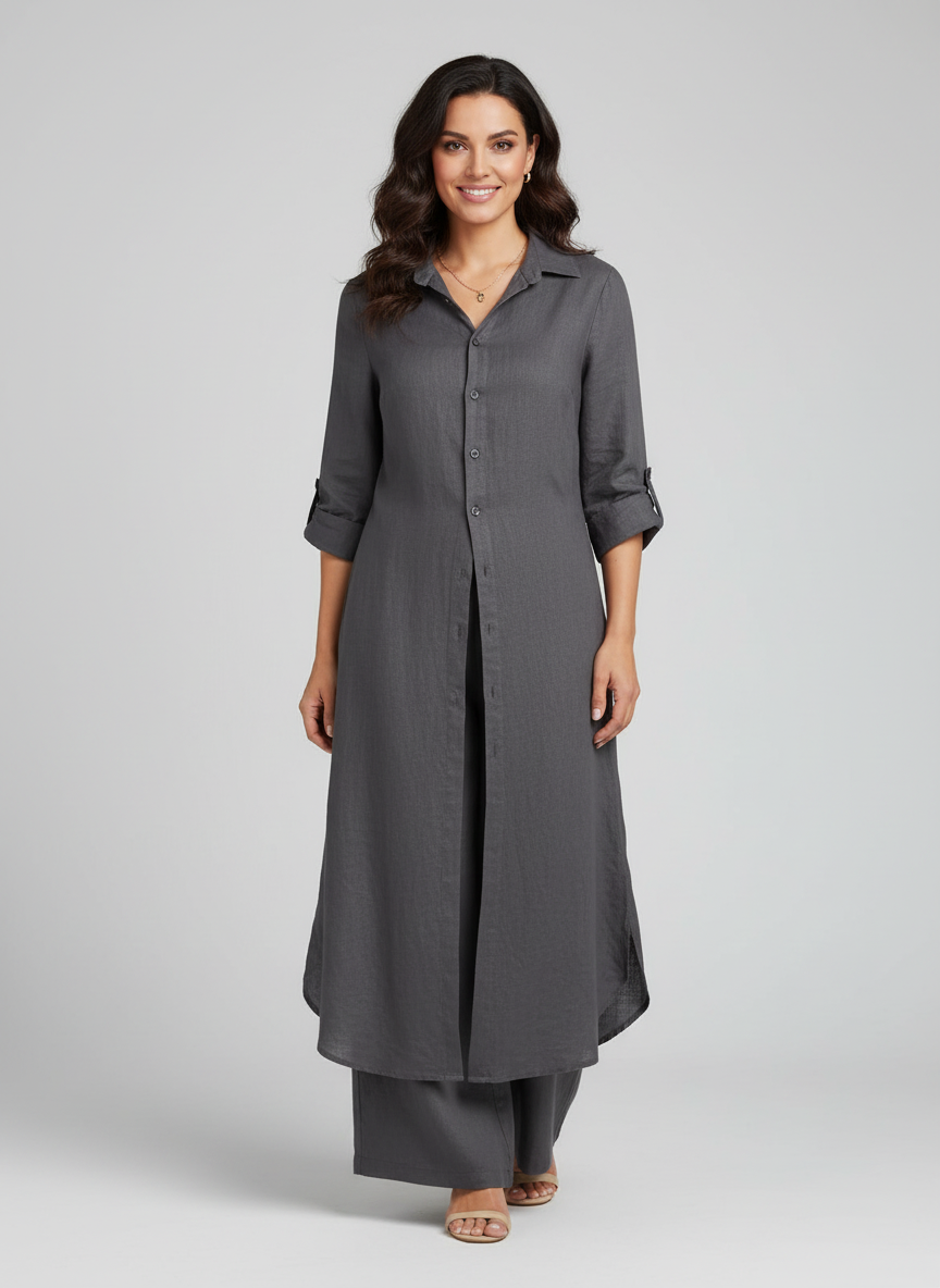 Completo in lino donna con camicia lunga e pantaloni ampi - Leggero ed elegante