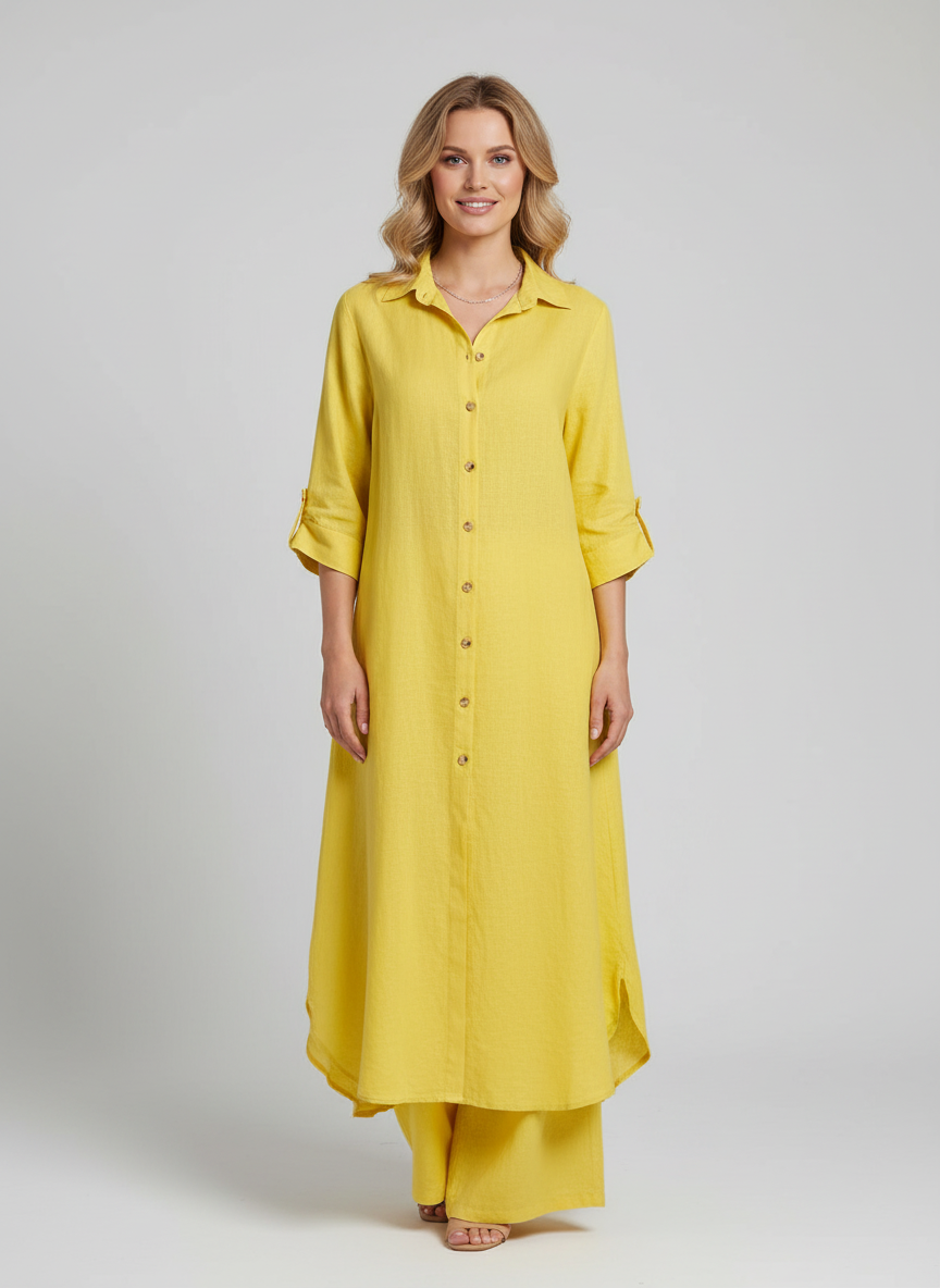 Completo in lino donna con camicia lunga e pantaloni ampi - Leggero ed elegante