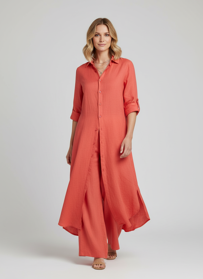 Completo in lino donna con camicia lunga e pantaloni ampi - Leggero ed elegante