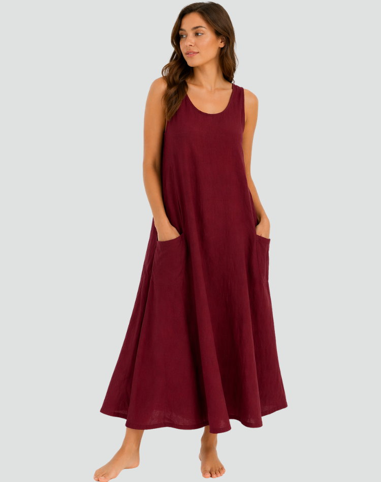 Abito maxi da donna in lino con tasche - Ampio e traspirante