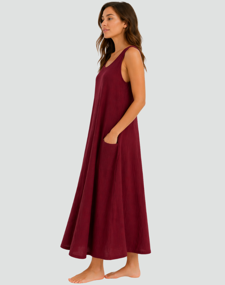 Abito maxi da donna in lino con tasche - Ampio e traspirante