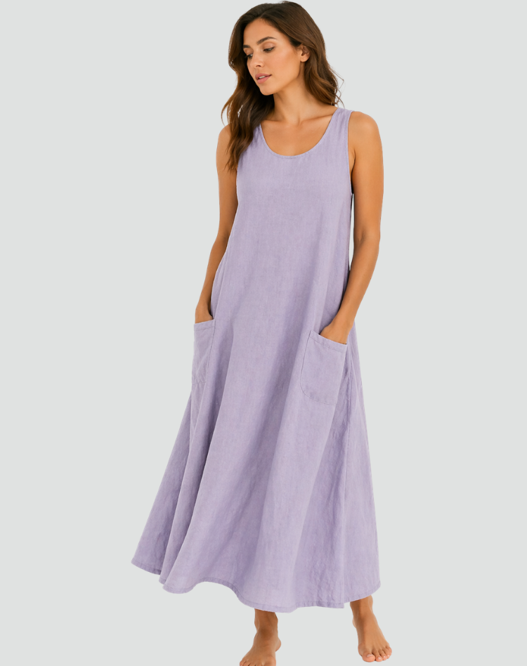 Abito maxi da donna in lino con tasche - Ampio e traspirante