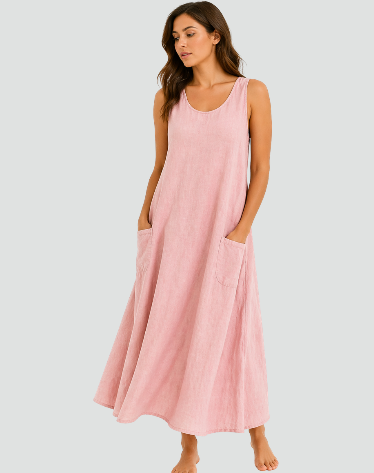 Abito maxi da donna in lino con tasche - Ampio e traspirante