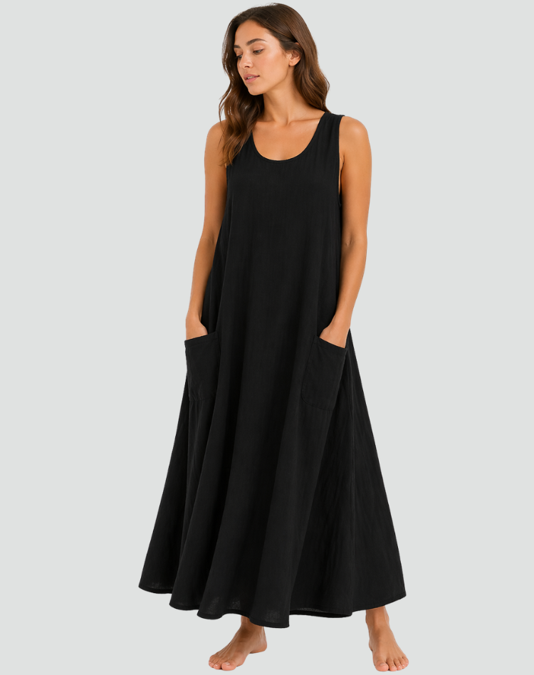 Abito maxi da donna in lino con tasche - Ampio e traspirante