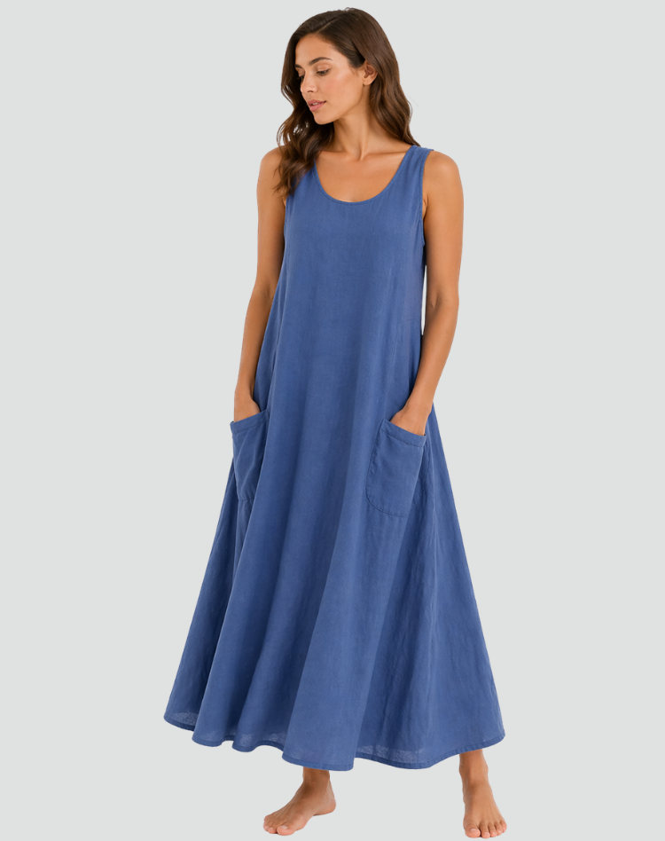 Abito maxi da donna in lino con tasche - Ampio e traspirante