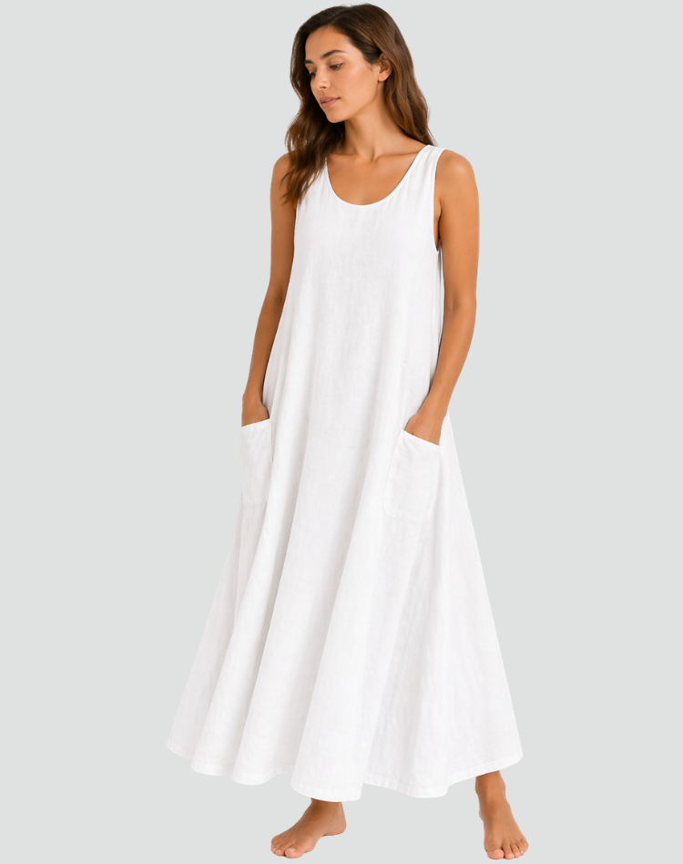 Abito maxi da donna in lino con tasche - Ampio e traspirante