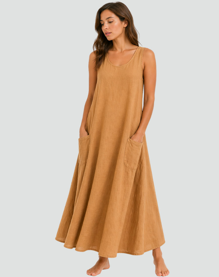 Abito maxi da donna in lino con tasche - Ampio e traspirante