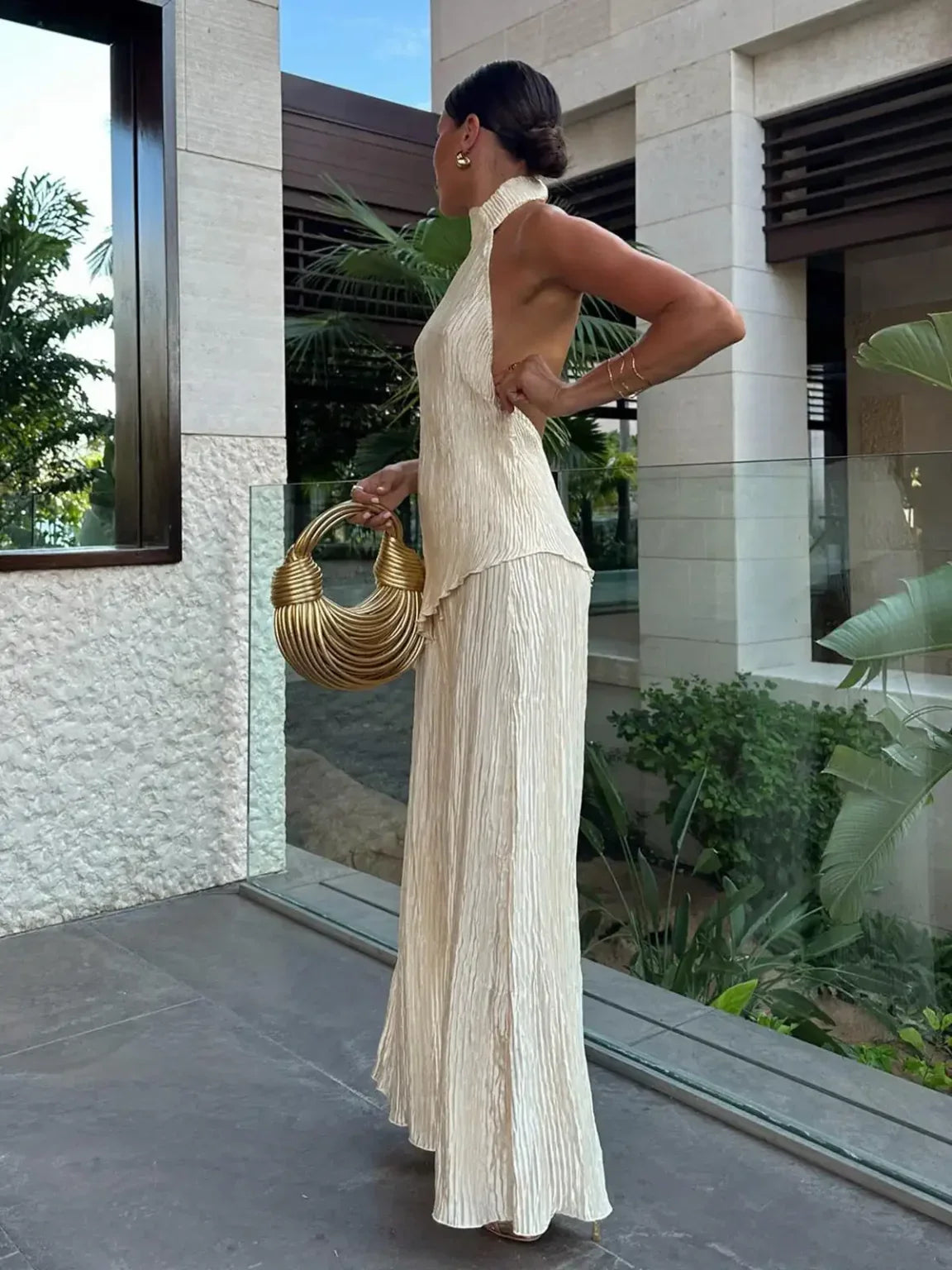 Completo plissettato Golden Serenity da donna – Elegante completo a due pezzi fluido, perfetto per le feste