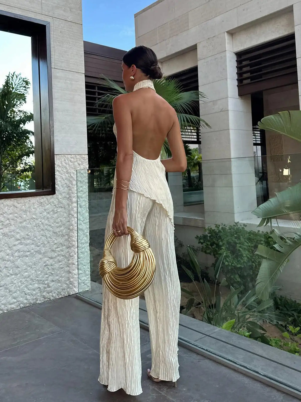 Completo plissettato Golden Serenity da donna – Elegante completo a due pezzi fluido, perfetto per le feste