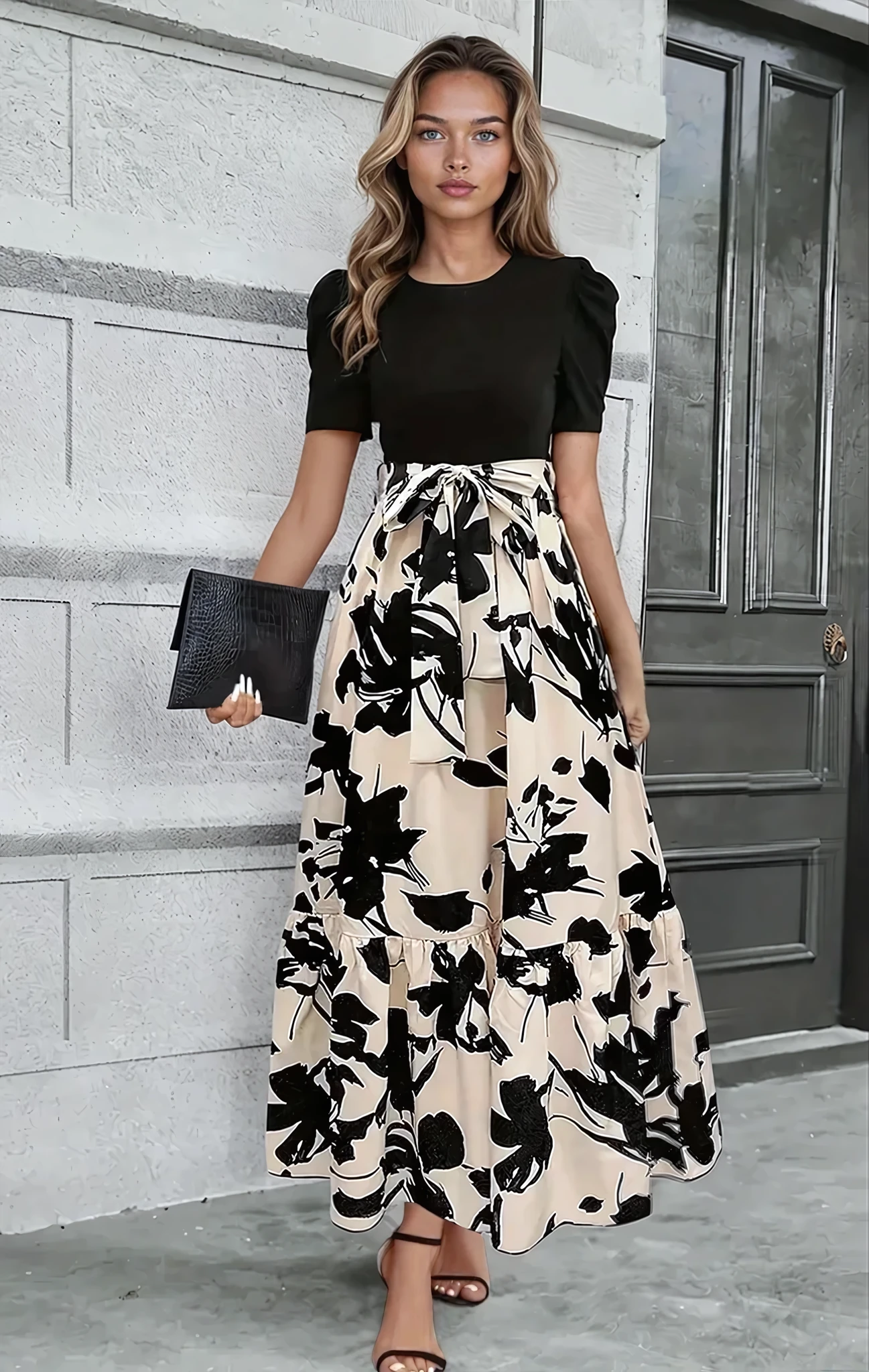 Abito lungo da donna con fiocco in vita – Elegante e moderno, perfetto per feste e occasioni speciali