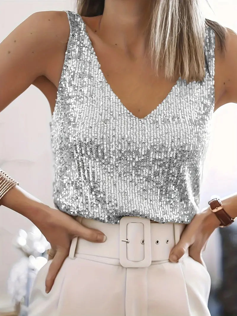 Top da donna con scollo a V e glitter – Elegante e scintillante, perfetto per feste e serate eleganti